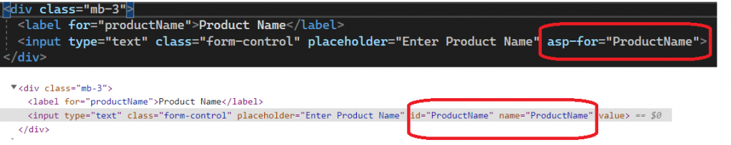 asp-for tag helper